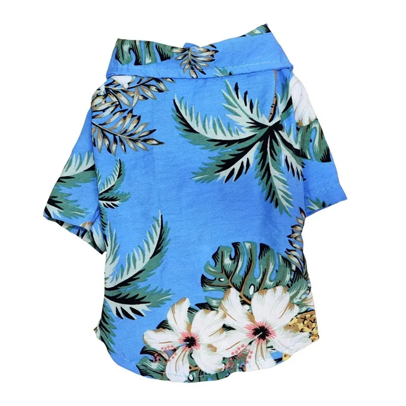 Hawaiian dog style shirt in cotton with multicolor print on a white background, sizes XS to XXL
