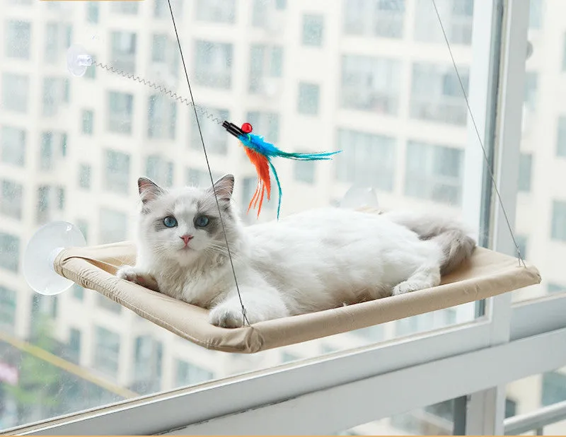Blue cat hammock with suction cups attached to a window, featuring breathable fabric and metal frame
