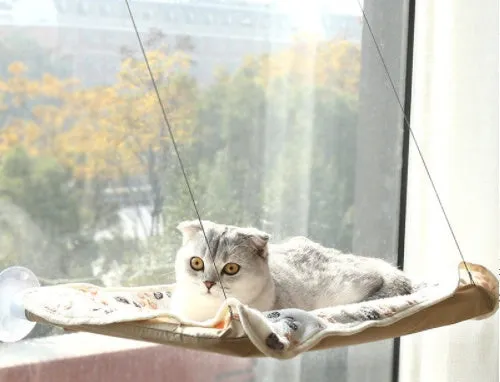 Blue cat hammock with suction cups attached to a window, featuring breathable fabric and metal frame