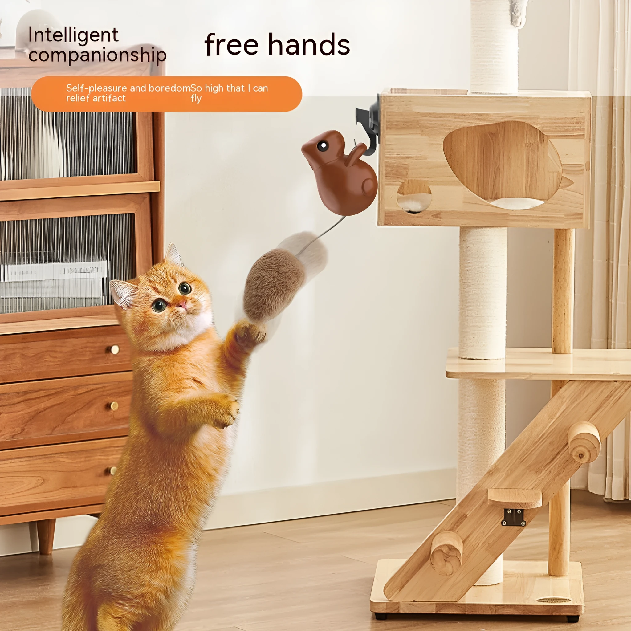 Dark brown plastic squirrel-shaped smart cat teaser toy with USB charging port on black background