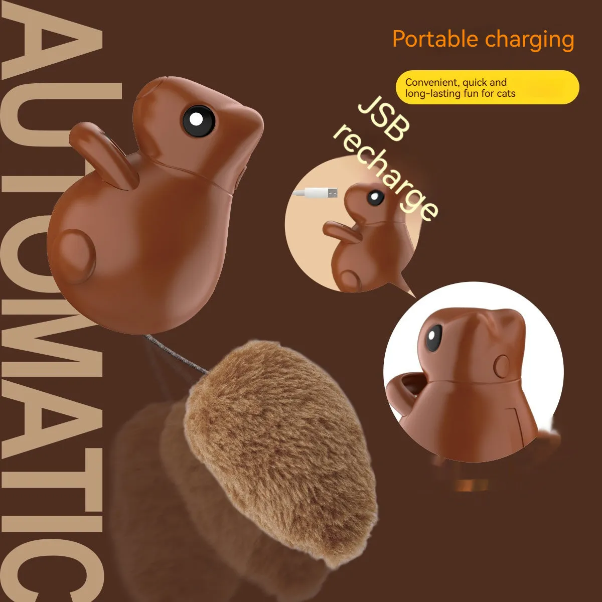 Dark brown plastic squirrel-shaped smart cat teaser toy with USB charging port on black background