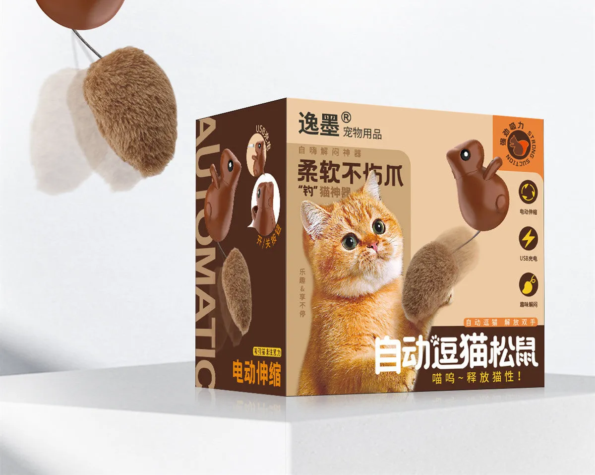 Dark brown plastic squirrel-shaped smart cat teaser toy with USB charging port on black background