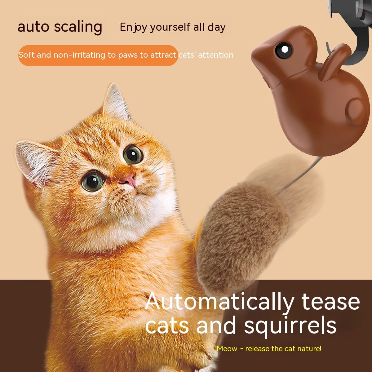 Dark brown plastic squirrel-shaped smart cat teaser toy with USB charging port on black background