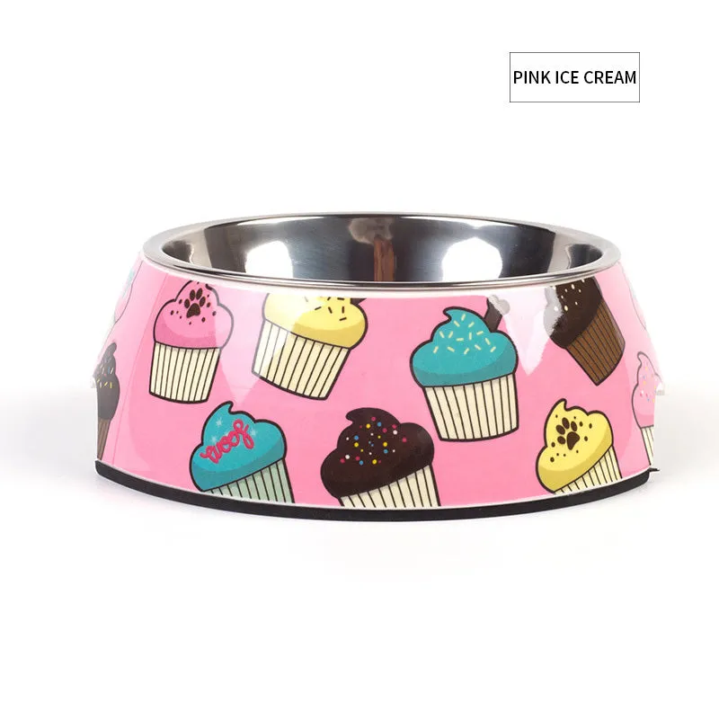 Food grade stainless steel pet dog bowl with melamine outer ring in Pink colour