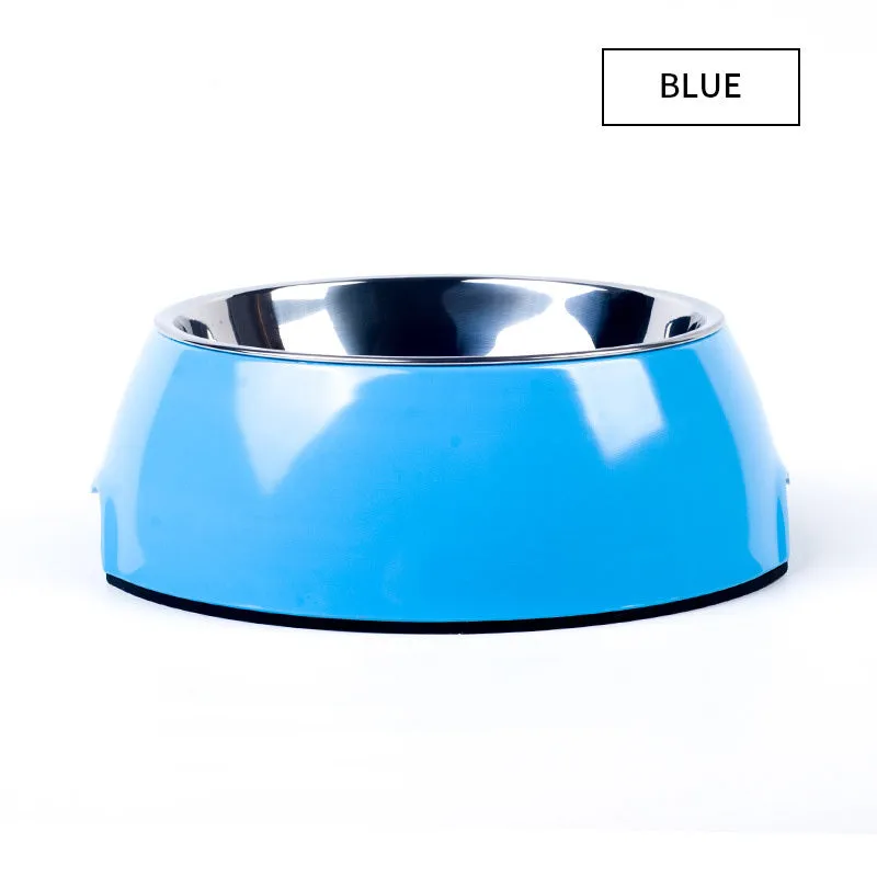 Food grade stainless steel pet dog bowl with melamine outer ring in Pink colour