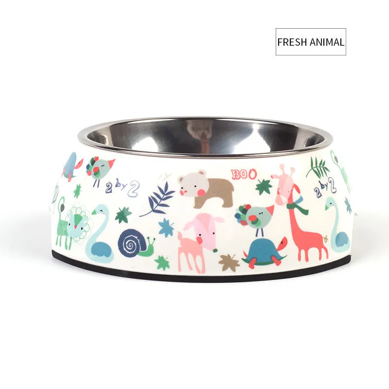 Food grade stainless steel pet dog bowl with melamine outer ring in Pink colour