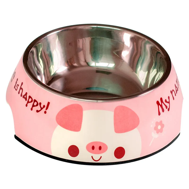 Food grade stainless steel pet dog bowl with melamine outer ring in Pink colour