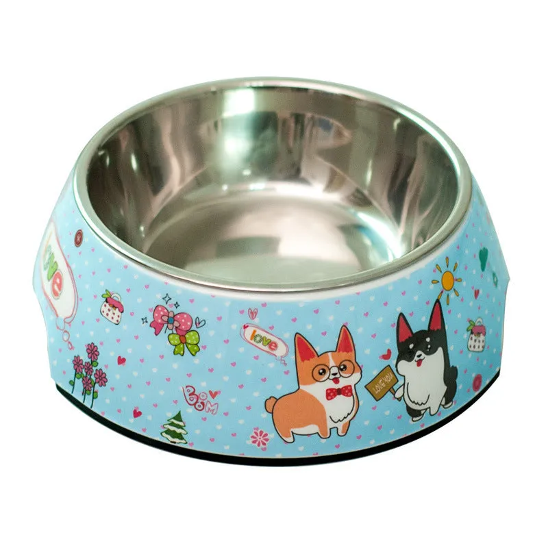 Food grade stainless steel pet dog bowl with melamine outer ring in Pink colour