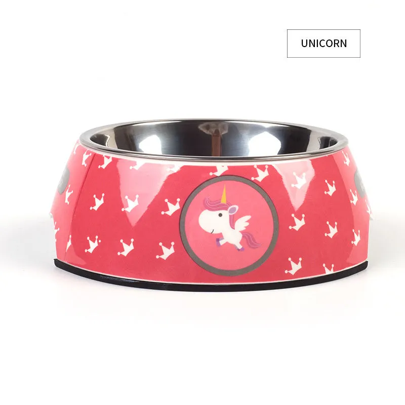 Food grade stainless steel pet dog bowl with melamine outer ring in Pink colour
