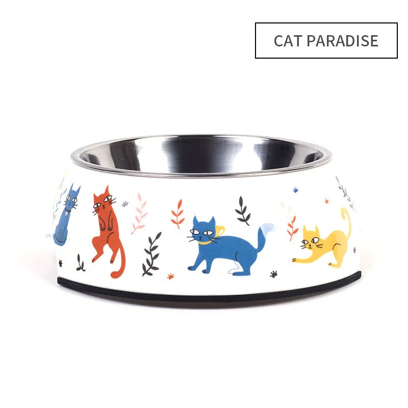 Food grade stainless steel pet dog bowl with melamine outer ring in Pink colour