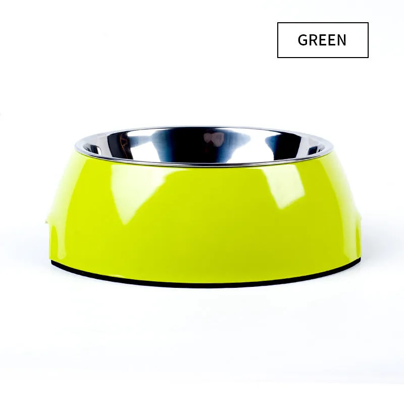 Food grade stainless steel pet dog bowl with melamine outer ring in Pink colour