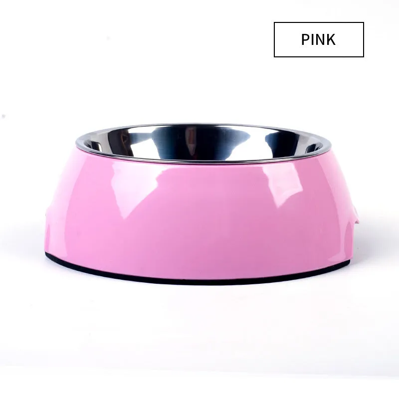 Food grade stainless steel pet dog bowl with melamine outer ring in Pink colour