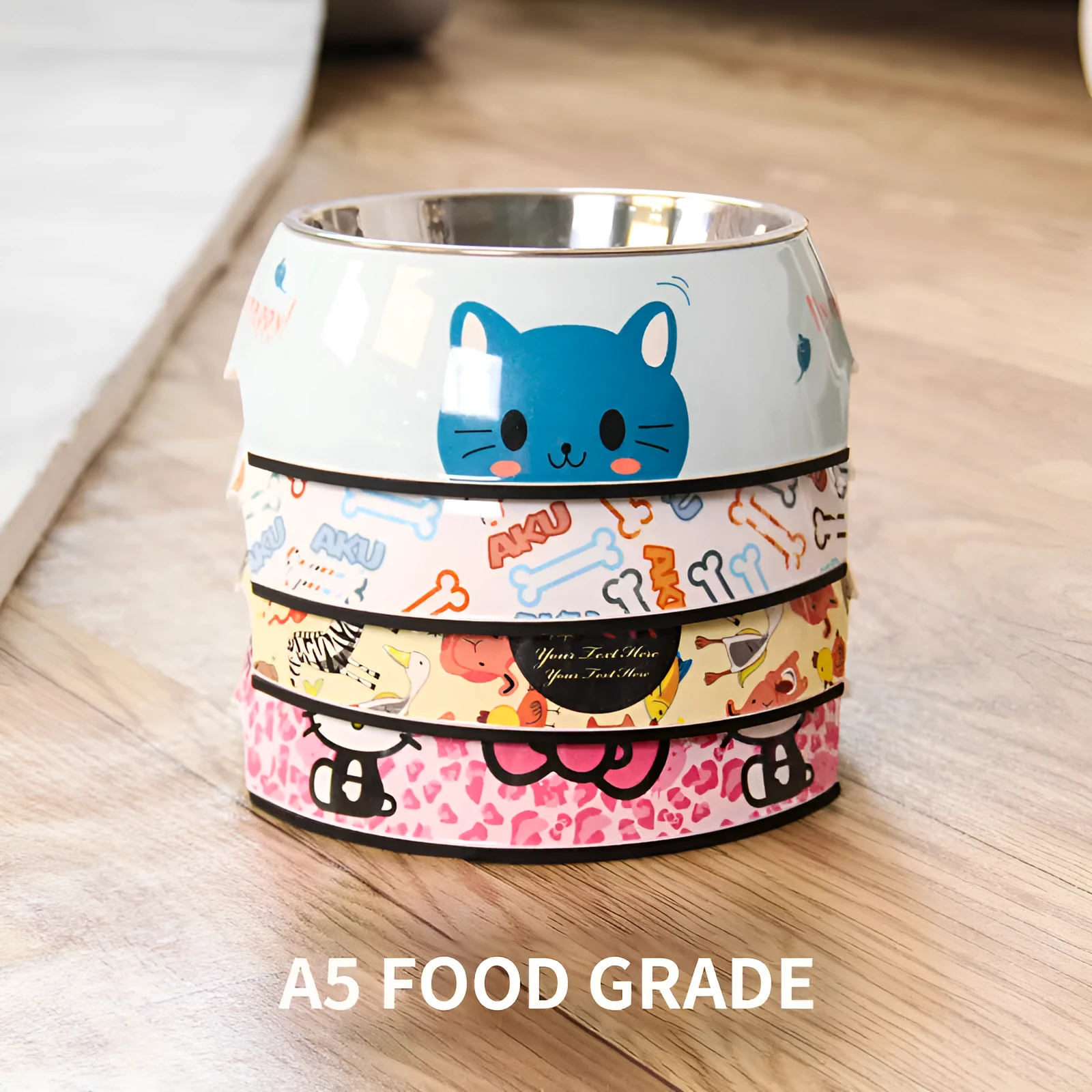 Food grade stainless steel pet dog bowl with melamine outer ring in Pink colour