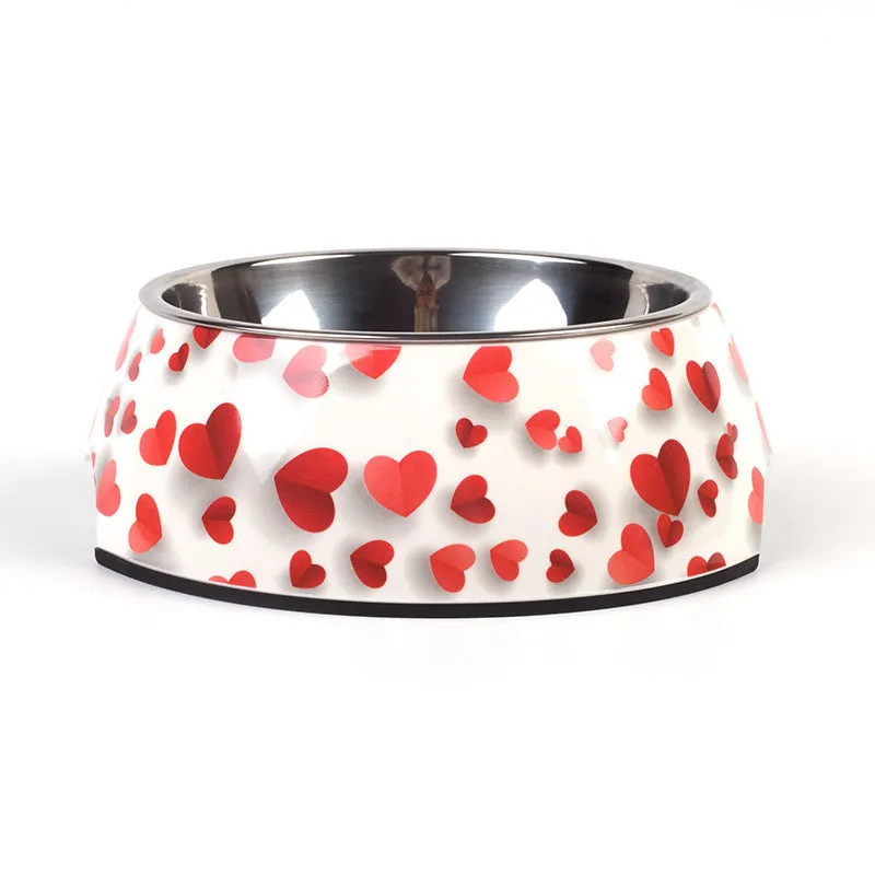 Food grade stainless steel pet dog bowl with melamine outer ring in Pink colour