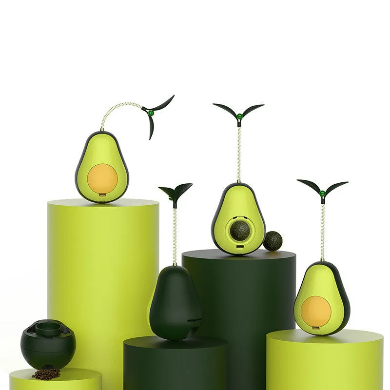 Green silicone avocado-shaped cat toy tumbler with treat dispensing opening, 80x80x107mm size