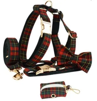 Christmas plaid green dog collar set with leash bow and vest on a festive background