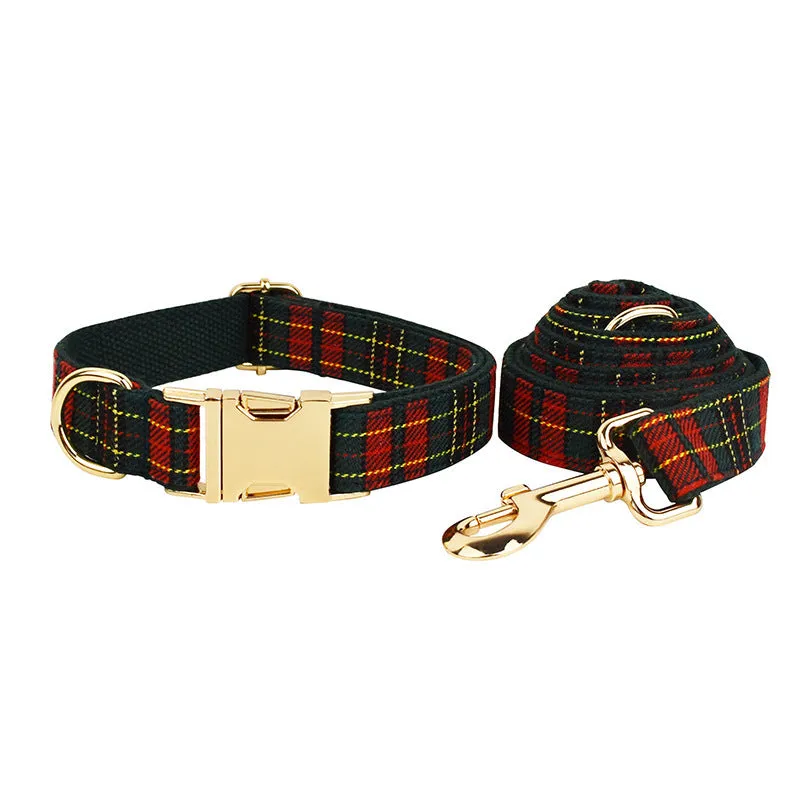 Christmas plaid green dog collar set with leash bow and vest on a festive background