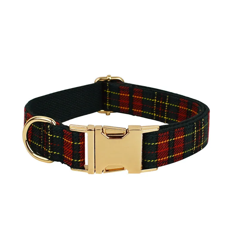 Christmas plaid green dog collar set with leash bow and vest on a festive background