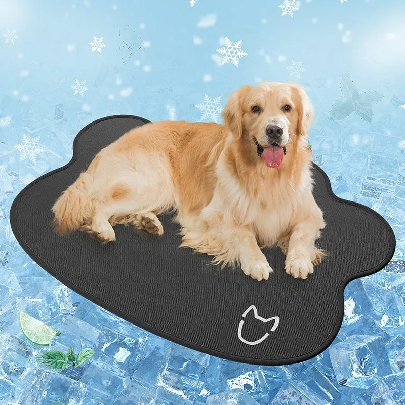 Ice silk pet cooling mat for dogs with a simple dog head silhouette, shown in light grey.