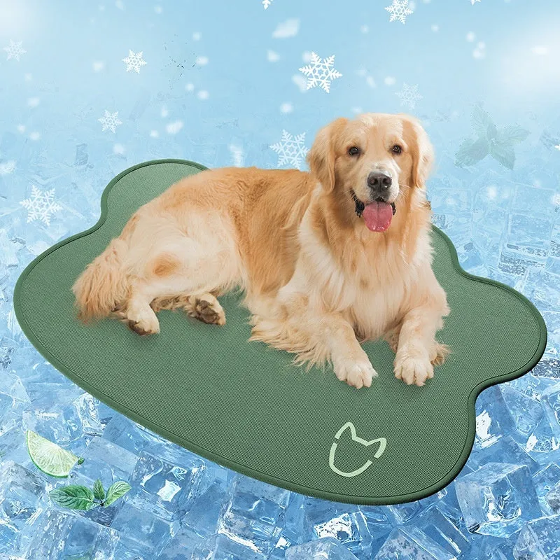 Ice silk pet cooling mat for dogs with a simple dog head silhouette, shown in light grey.