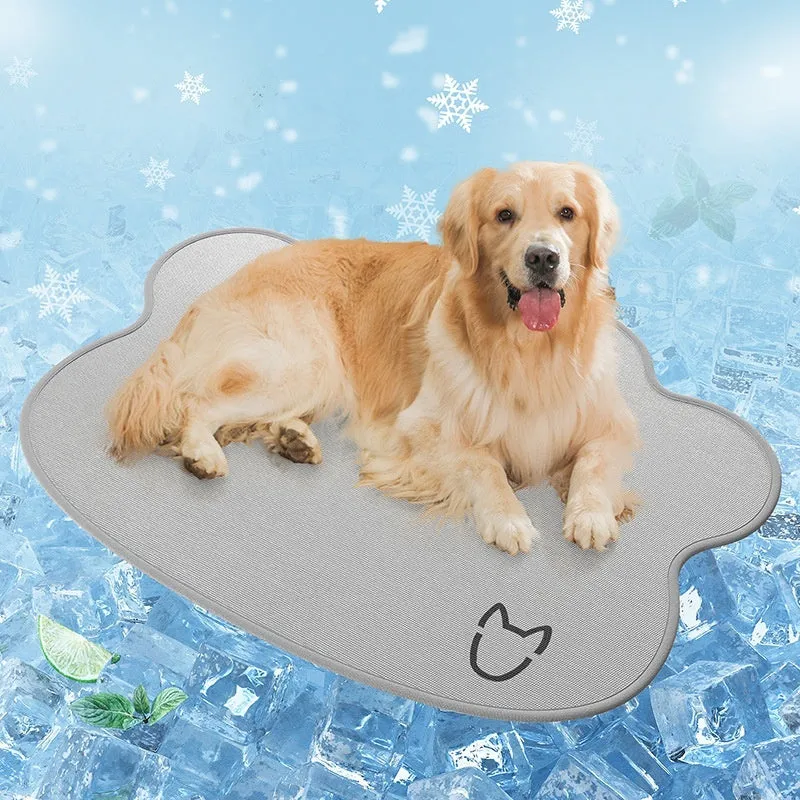 Ice silk pet cooling mat for dogs with a simple dog head silhouette, shown in light grey.