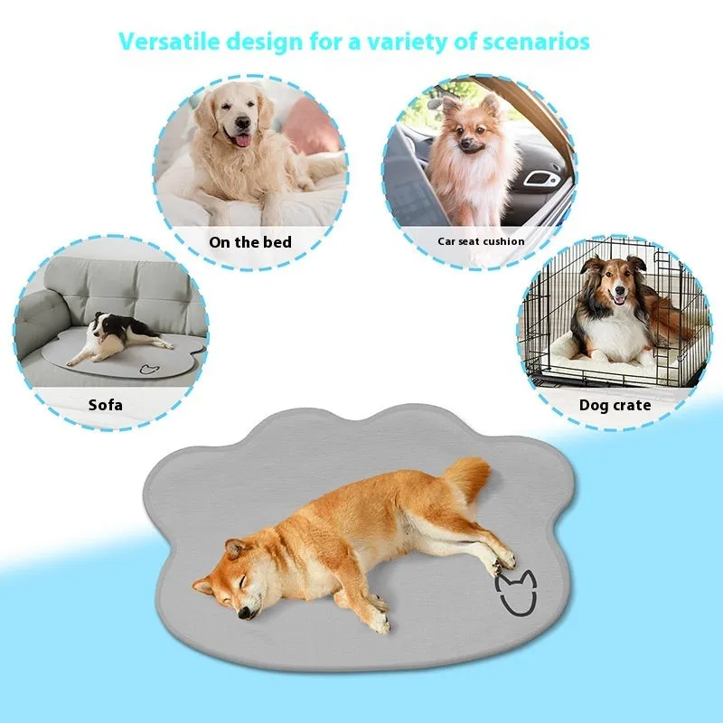 Ice silk pet cooling mat for dogs with a simple dog head silhouette, shown in light grey.