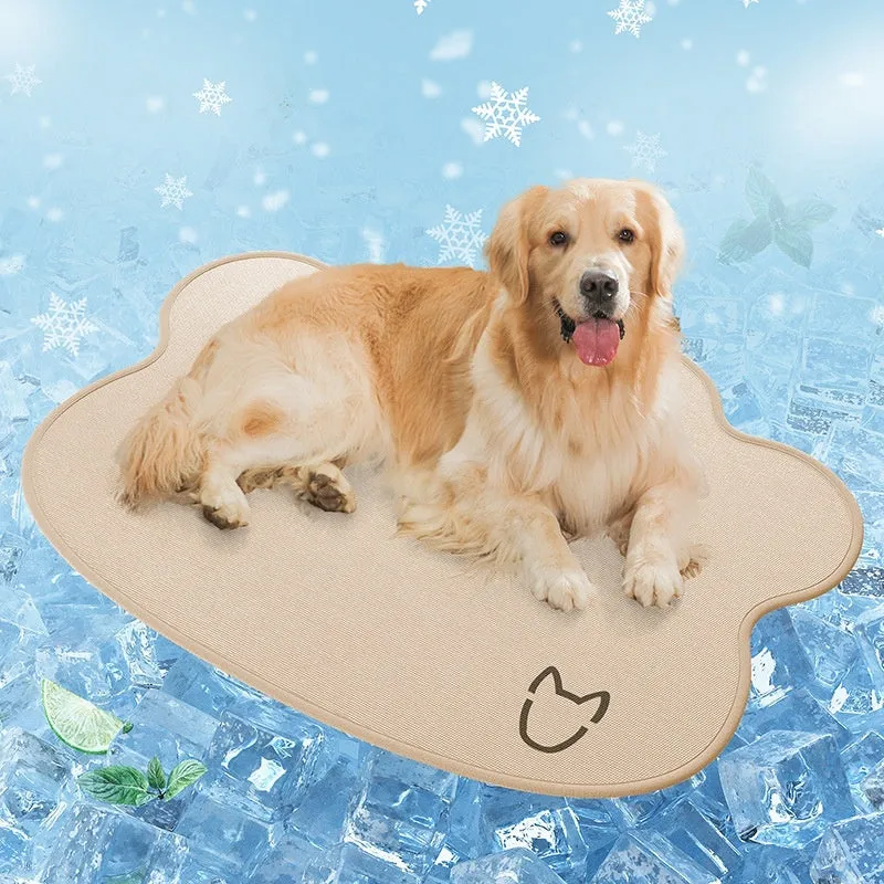 Ice silk pet cooling mat for dogs with a simple dog head silhouette, shown in light grey.