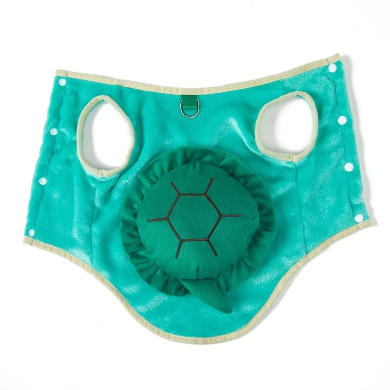 Green flannel pet costume shaped like a turtle for dogs and cats in size L