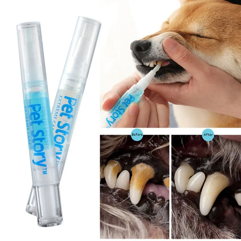 Pet tooth whitening pen kit with two pens, soft brush head, and non-slip handle for dog and cat oral care