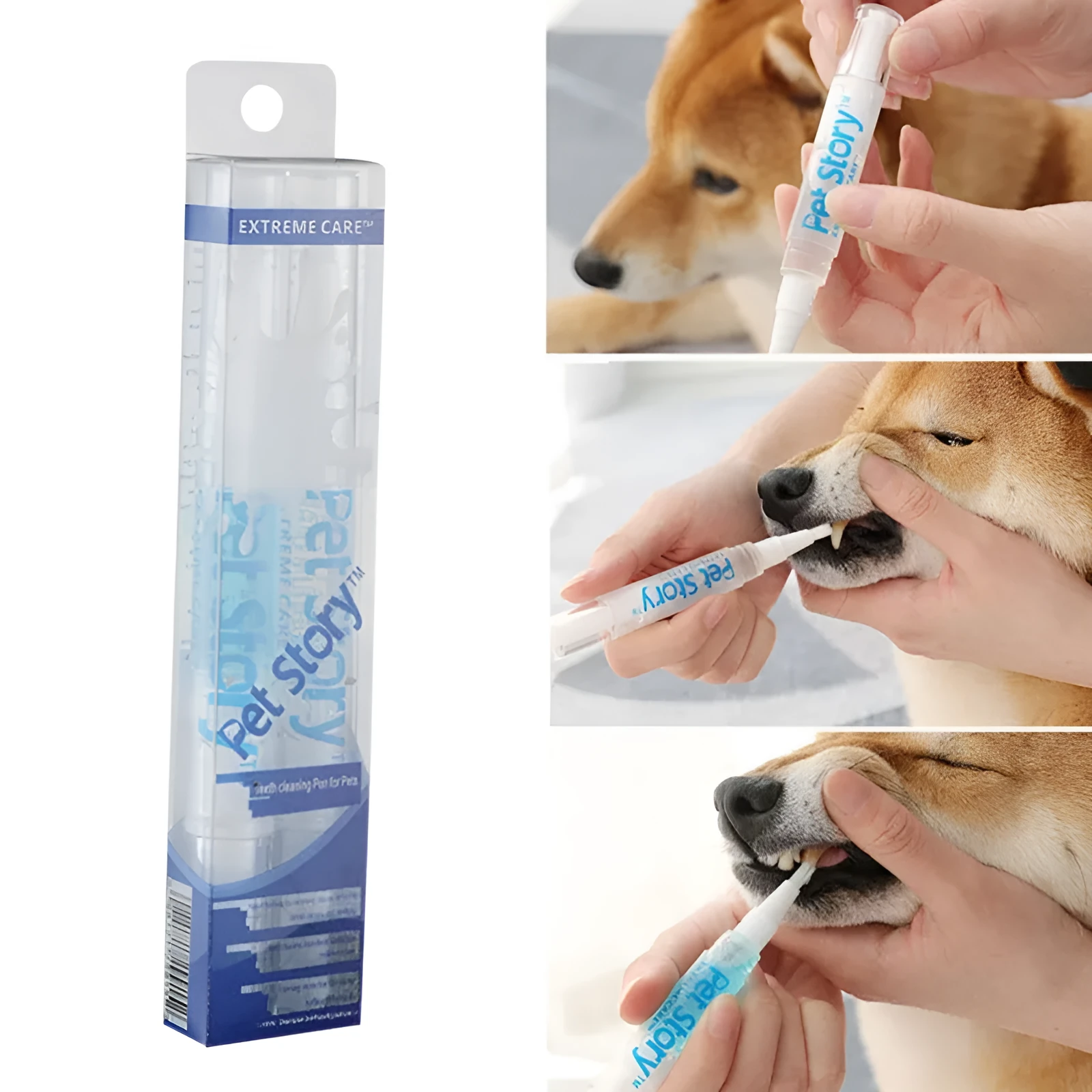 Pet tooth whitening pen kit with two pens, soft brush head, and non-slip handle for dog and cat oral care