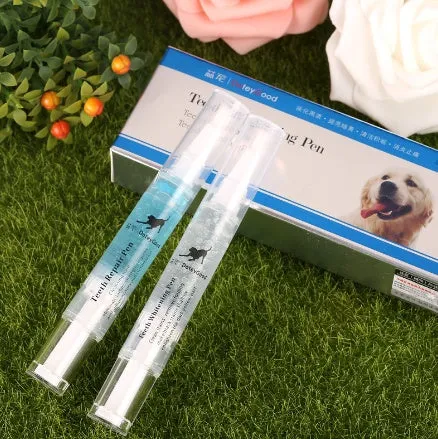 Pet tooth whitening pen kit with two pens, soft brush head, and non-slip handle for dog and cat oral care