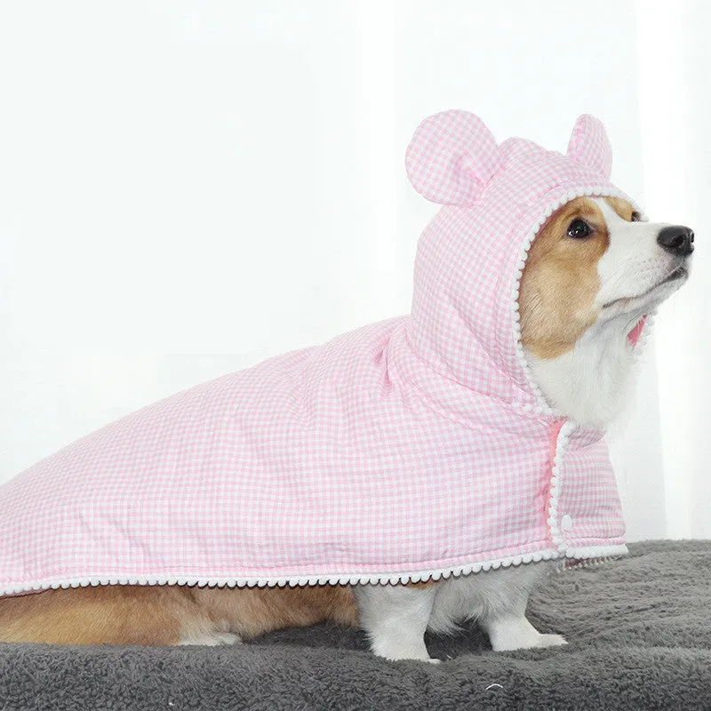 Cute plaid cotton dog cloak in blue grid, shown as a pet quilt with Chinese style, size M