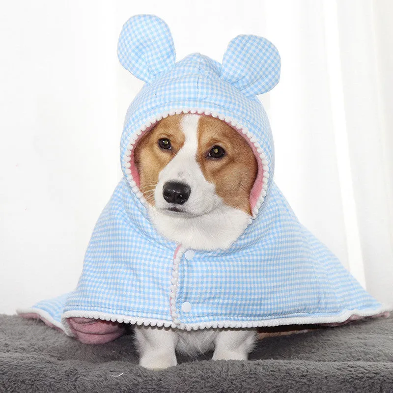 Cute plaid cotton dog cloak in blue grid, shown as a pet quilt with Chinese style, size M
