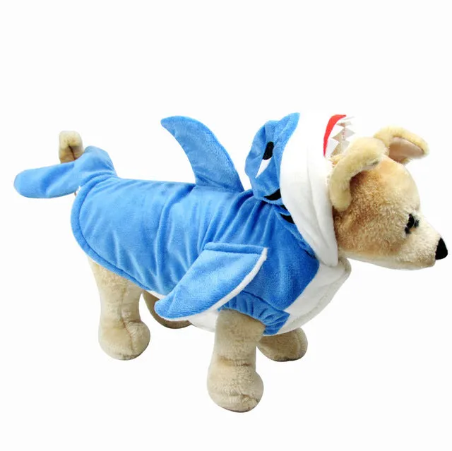 Realistic blue shark suit cosplay costume with embroidered eyes and zigzag mouth on model