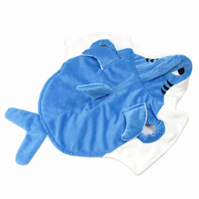 Realistic blue shark suit cosplay costume with embroidered eyes and zigzag mouth on model