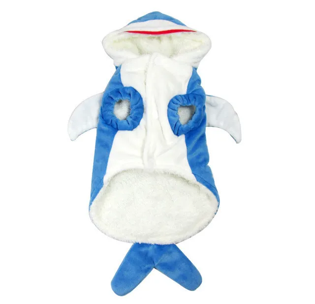 Realistic blue shark suit cosplay costume with embroidered eyes and zigzag mouth on model