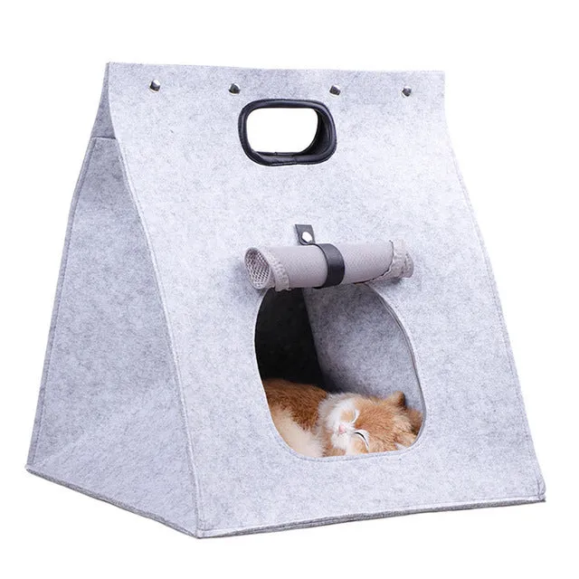 Cat felt litter outing bag in light gray and light brown, medium size, wool construction, breathable carrier for cats