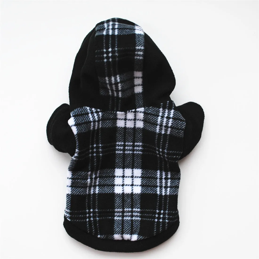 Fleece dog hooded sweater in black and white grid, winter clothing for small to large dogs