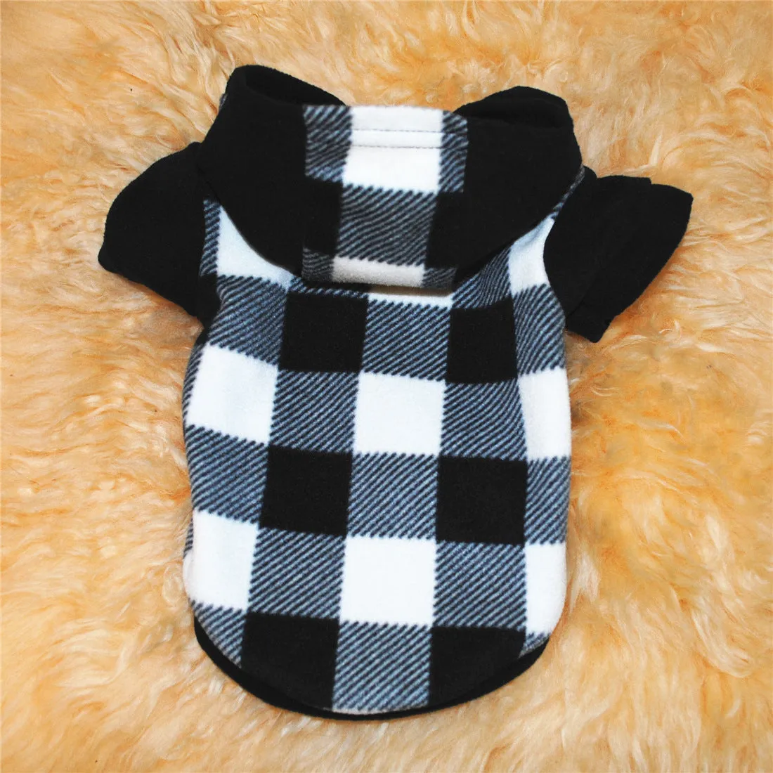 Fleece dog hooded sweater in black and white grid, winter clothing for small to large dogs
