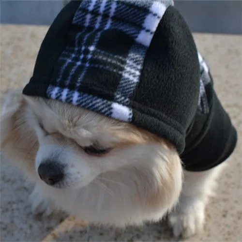 Fleece dog hooded sweater in black and white grid, winter clothing for small to large dogs