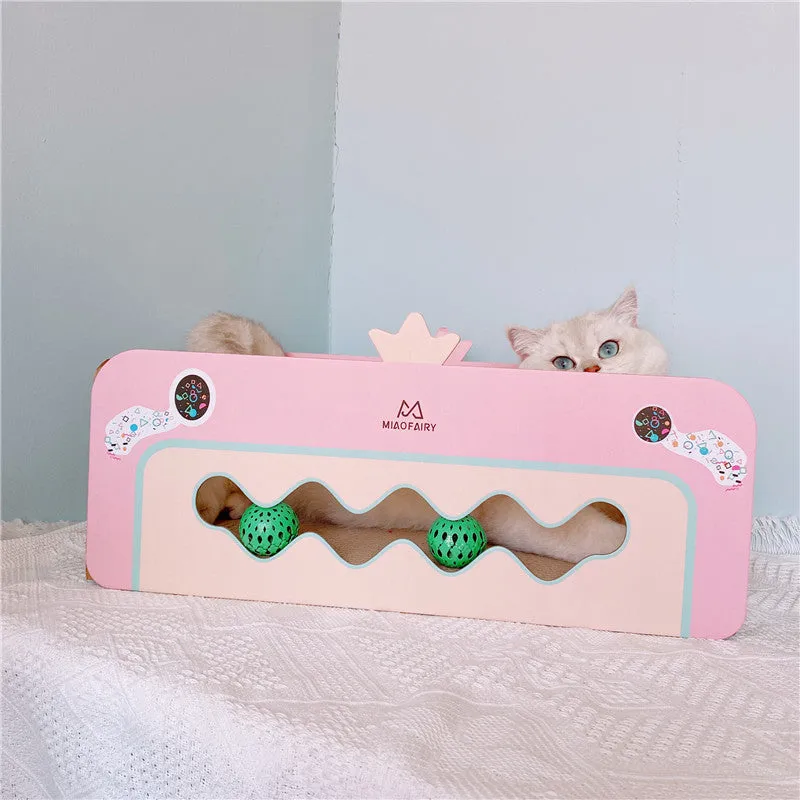 Girl's heart corrugated pink cat scratch board with ball and mat for indoor cats