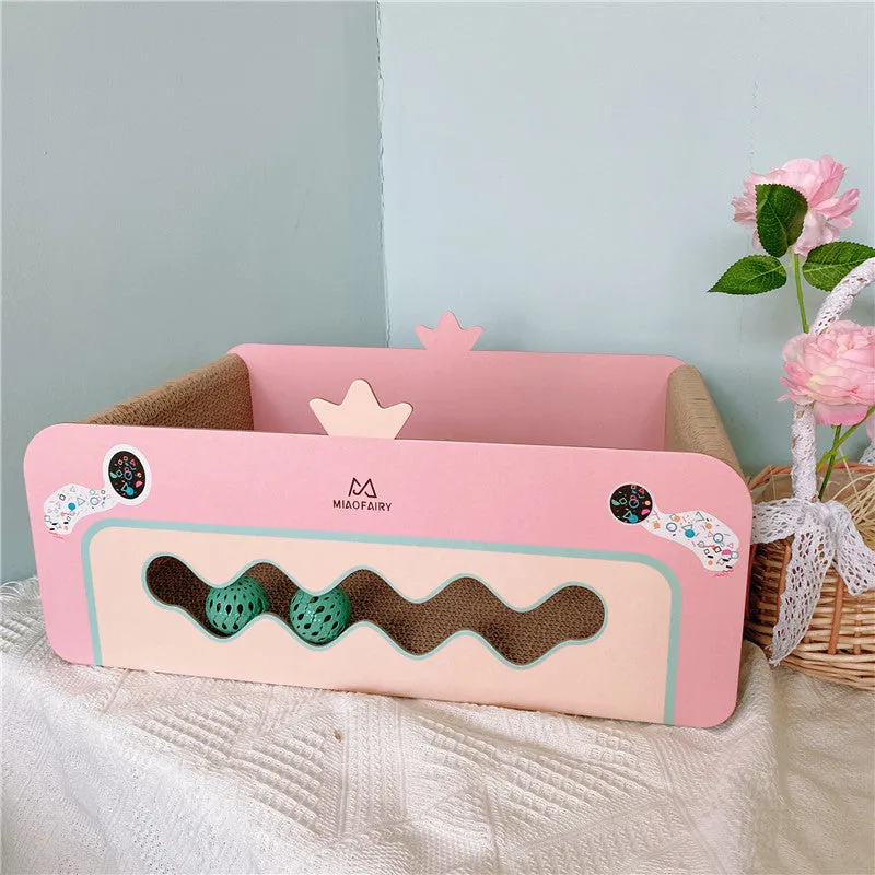 Girl's heart corrugated pink cat scratch board with ball and mat for indoor cats