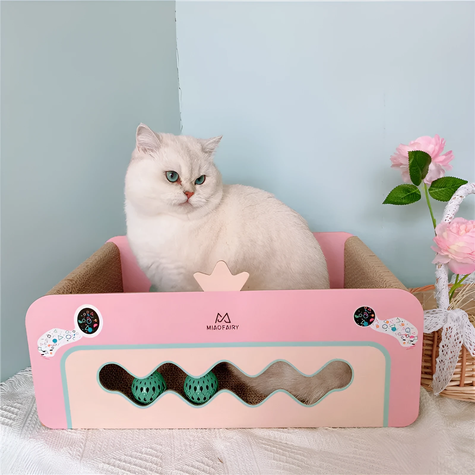 Girl's heart corrugated pink cat scratch board with ball and mat for indoor cats