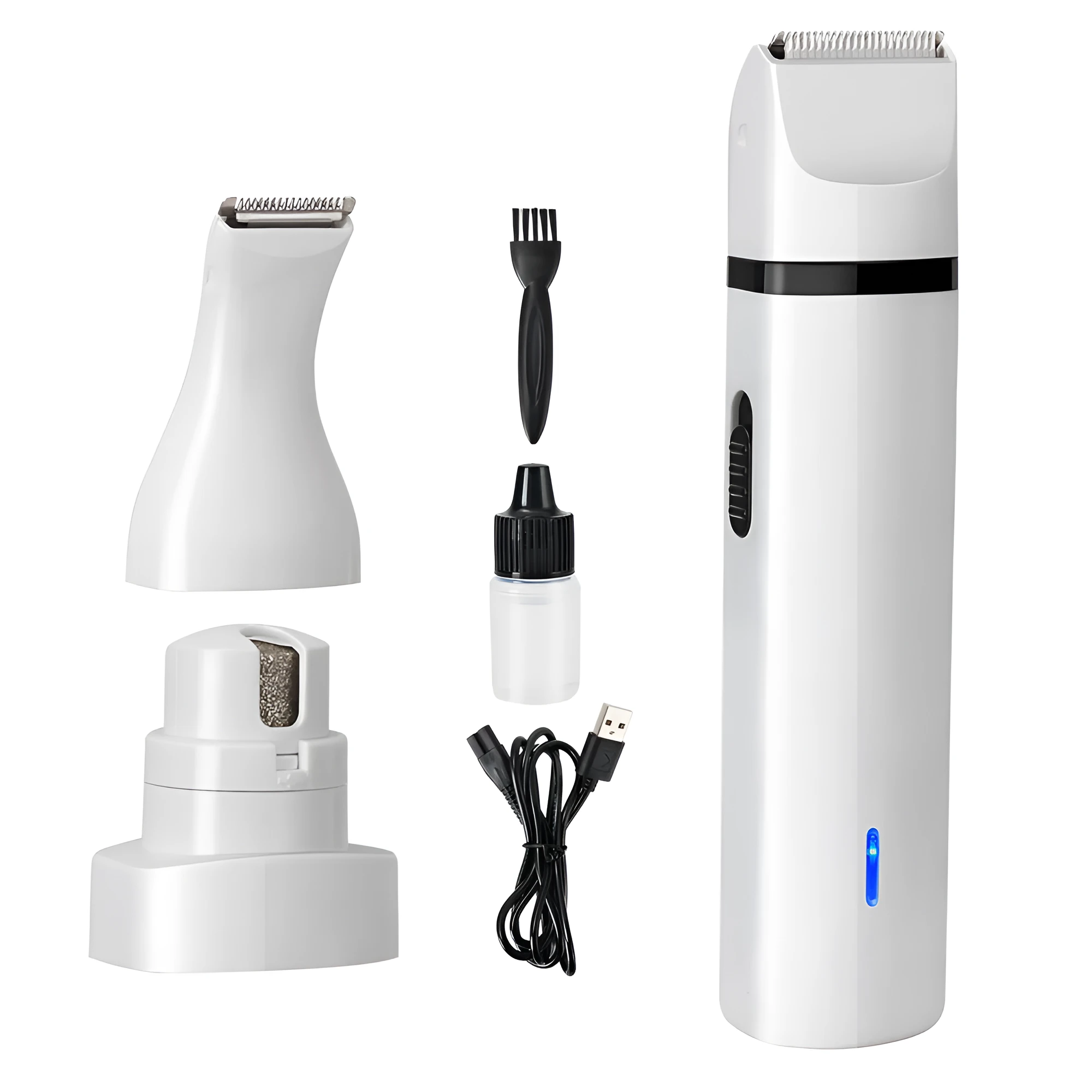 G12 white and black cordless pet hair clipper with shaving, trimming, and nail grinding heads for dogs and cats