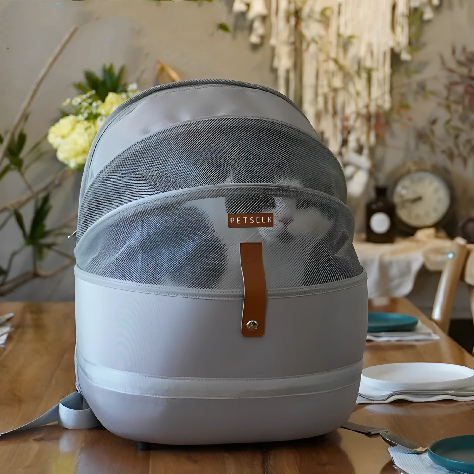 Cat carrier backpack in grey canvas with front opening for pets up to 15 kg