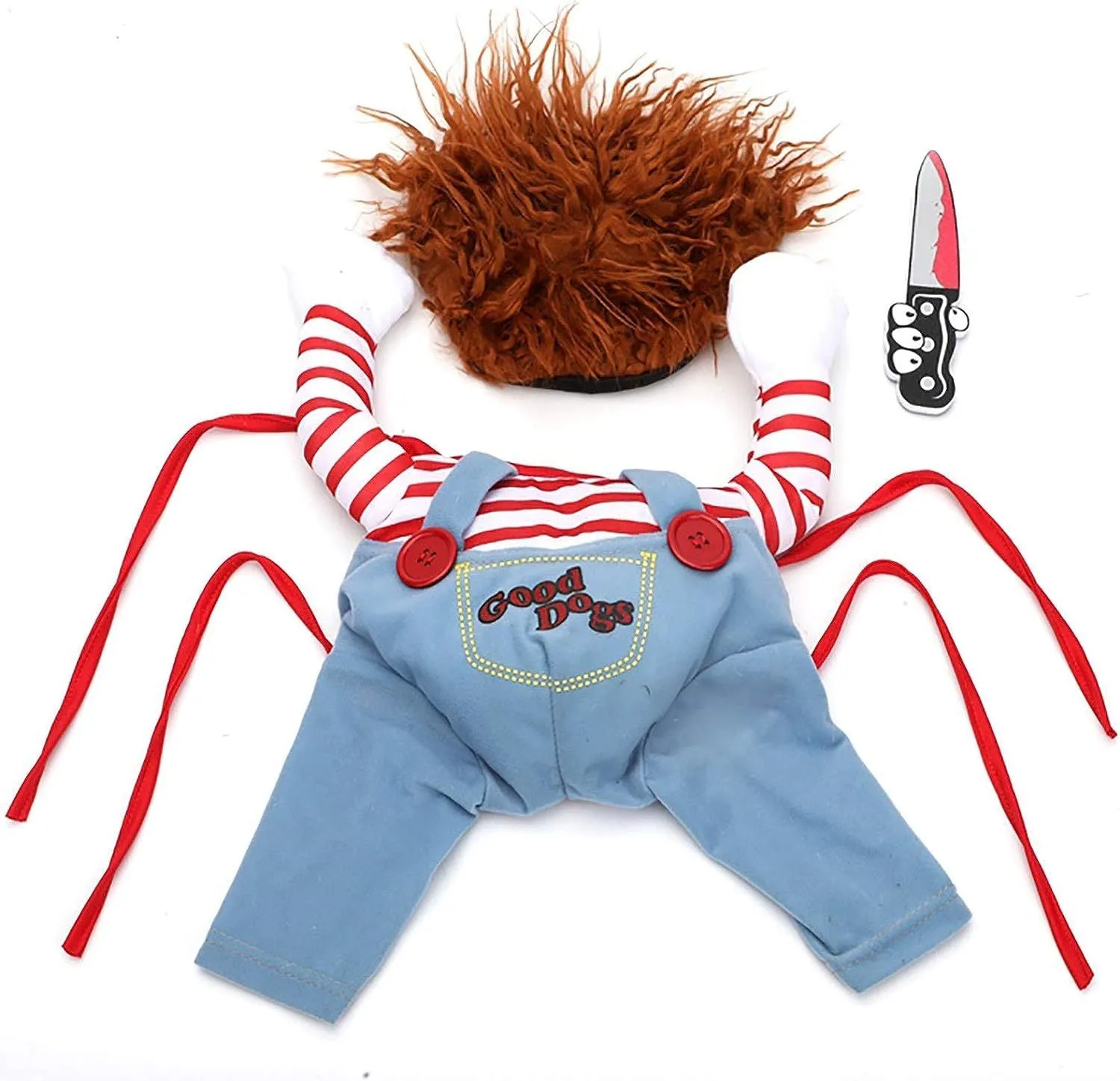 Halloween costume set on pet dog, showing striped harness pants and plastic knife prop.