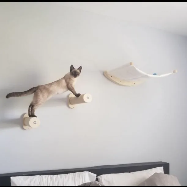 Solid wood cat wall hanging scratching post with climbing frame and hammock in natural wood colour