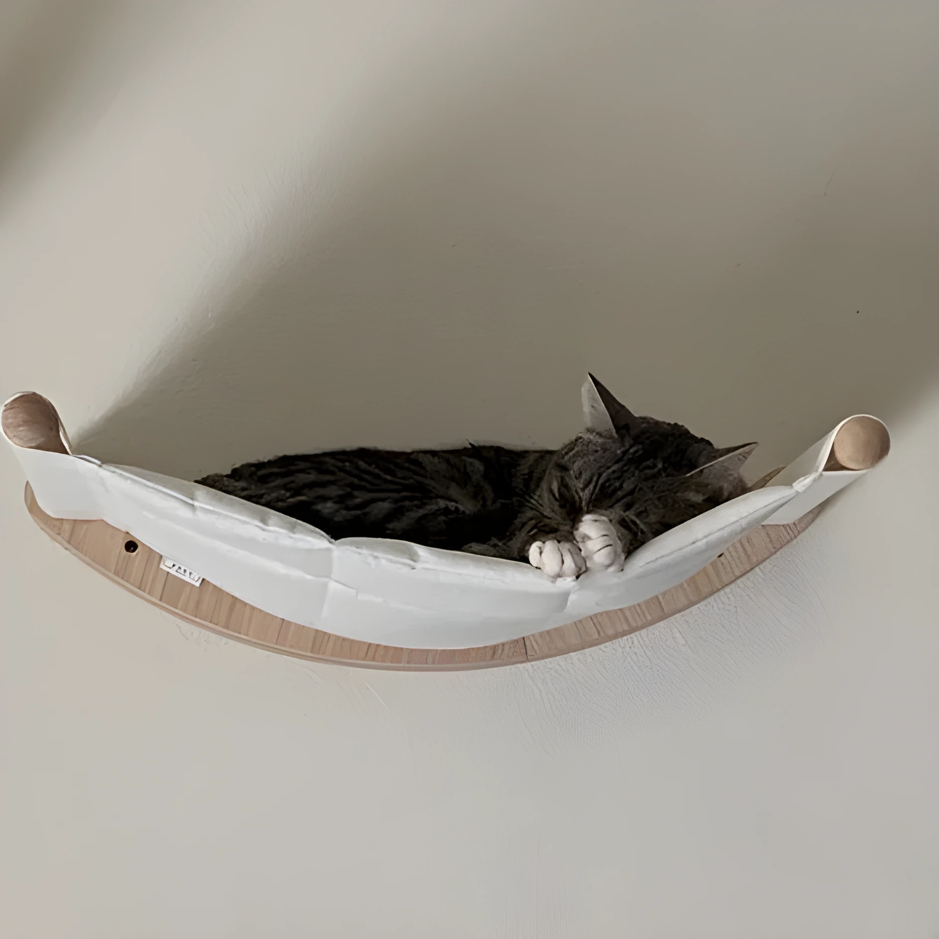 Solid wood cat wall hanging scratching post with climbing frame and hammock in natural wood colour