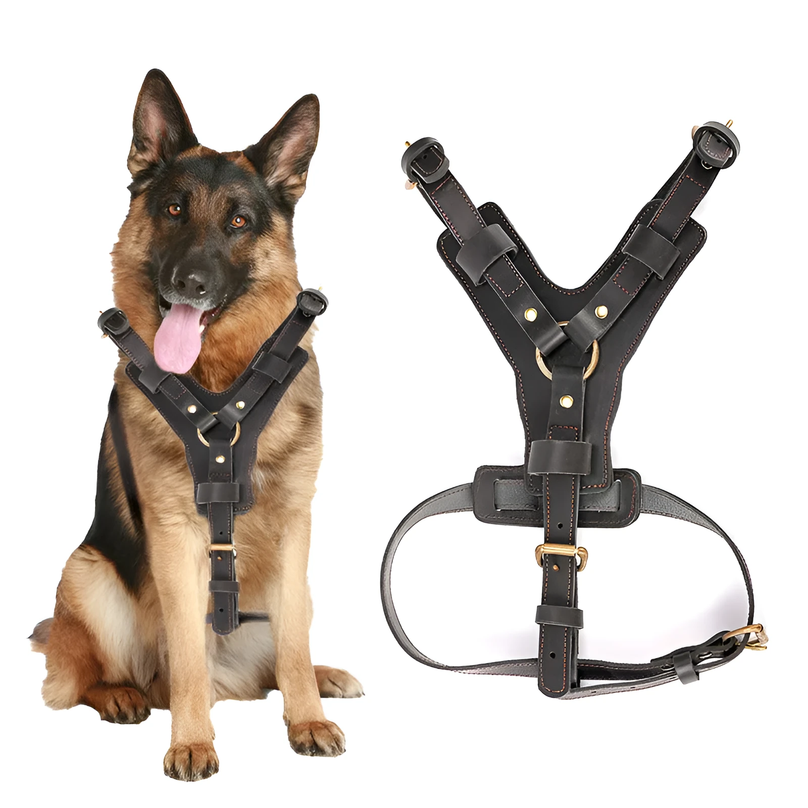 Black leather dog chest harness set with automatic traction rope for walking large breeds