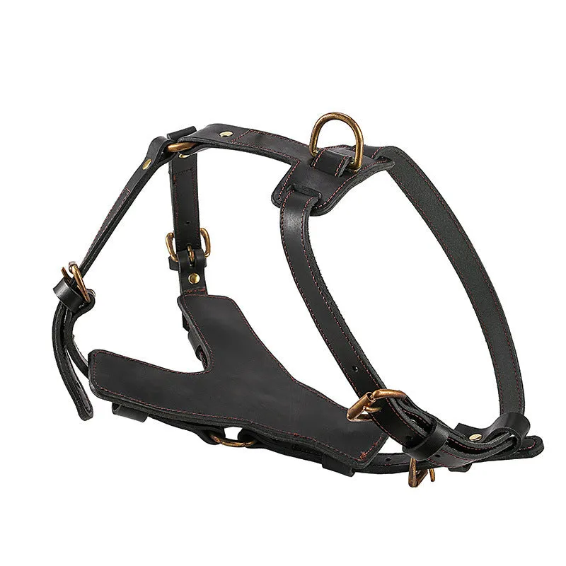 Black leather dog chest harness set with automatic traction rope for walking large breeds